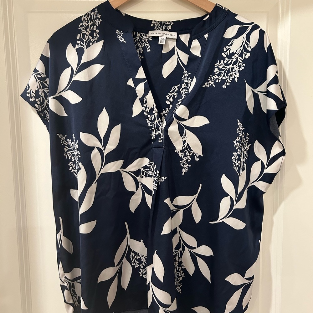 Navy and White Leaf Print Women's Top